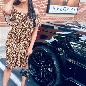 Leopard off shoulder midi dress